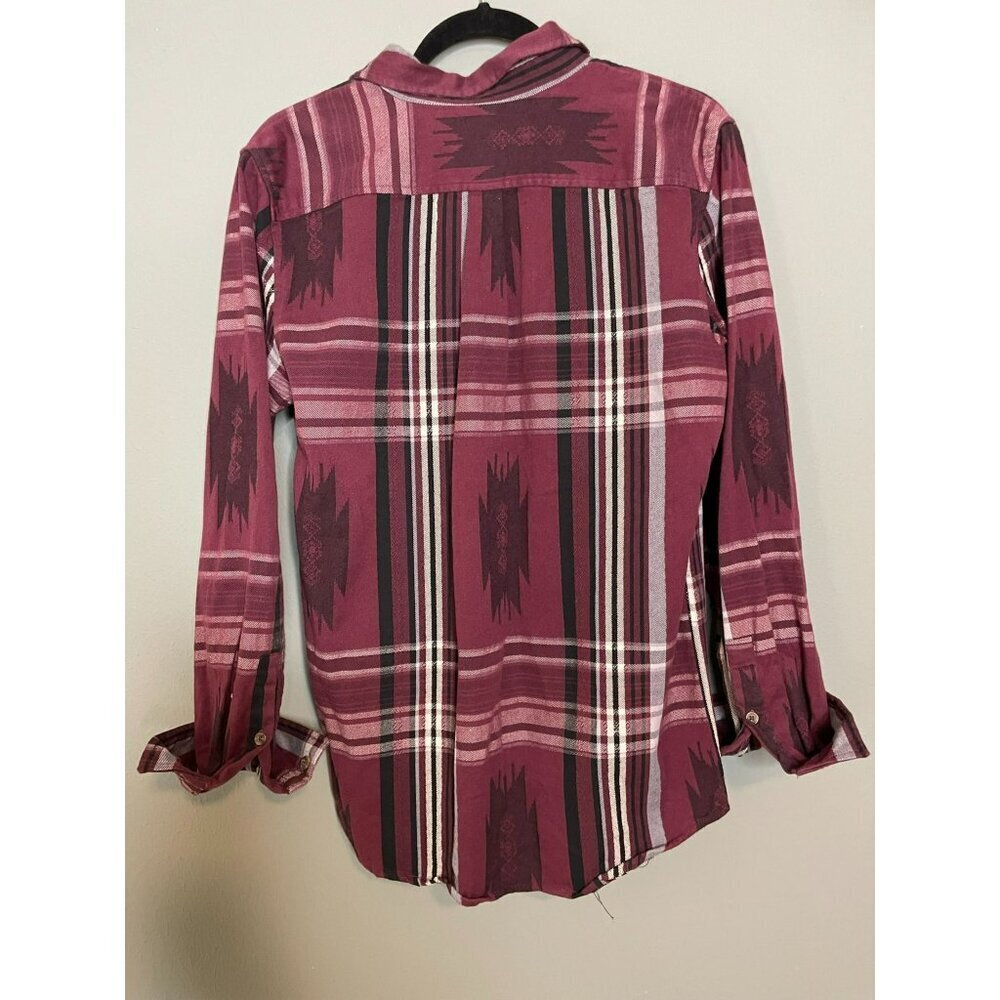 On the Byas Men's Medium Plaid Western Maroon LS Button Down Collared Shirt - Picture 2 of 8